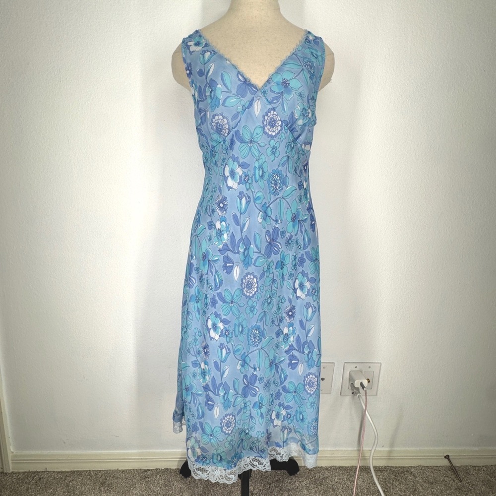 Vintage Fairy Babydoll Floral Lace Trim Midi Dress Blue Chiffon 13 Coquette
